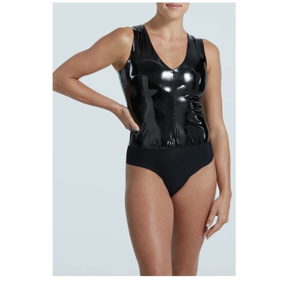 Commando Goth Indie Sleeze Faux Patent Leather Sleeveless Bodysuit Black S - Picture 3 of 16